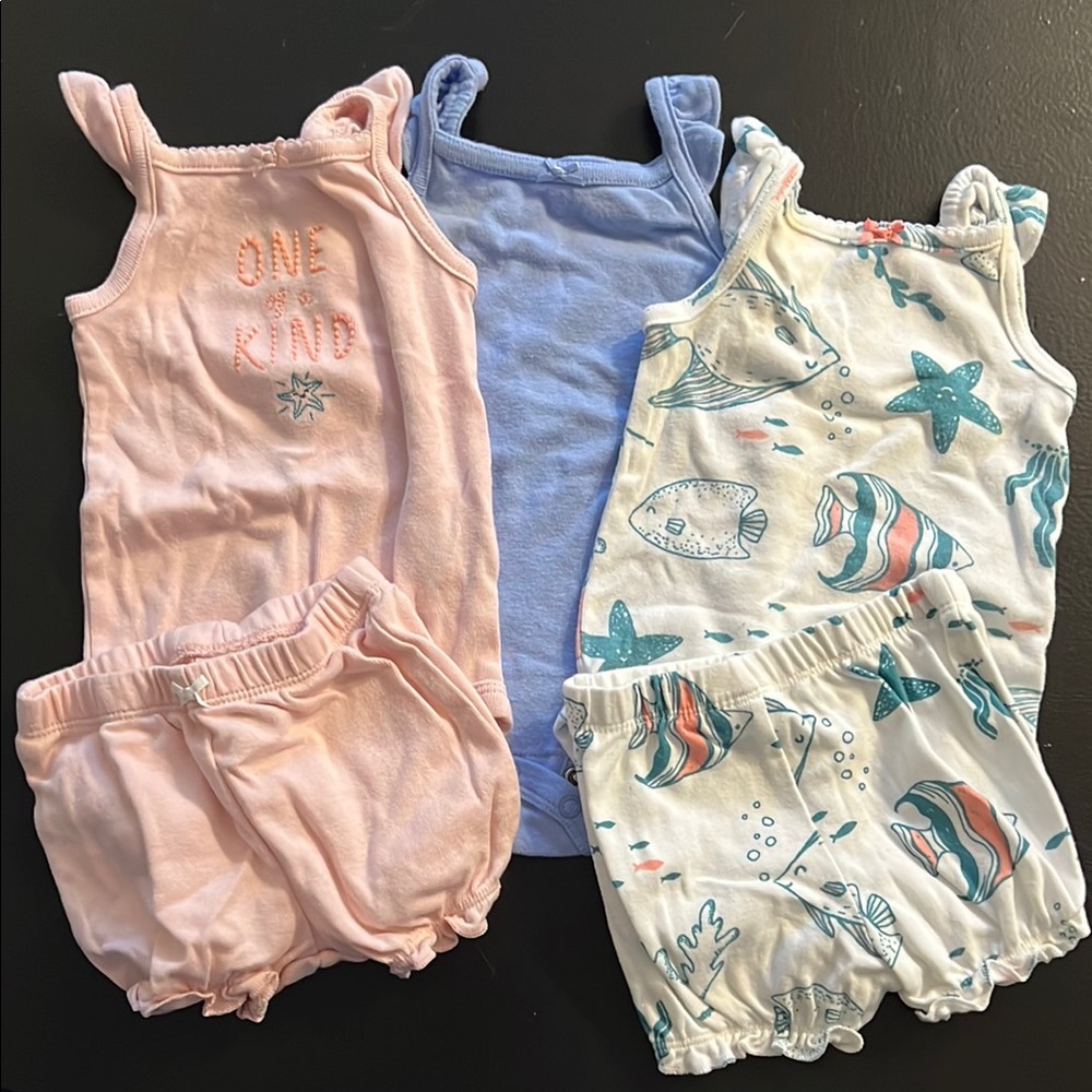 Baby Girl Summer Romper Set - Pink, Blue, Sea Print